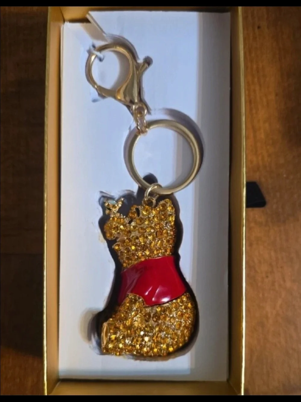 Gold Crystal Bear Keychain with Red Sweater